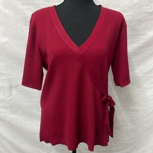 Alex Marie red, silk blend, ribbed knit, side tie blouse, size Large